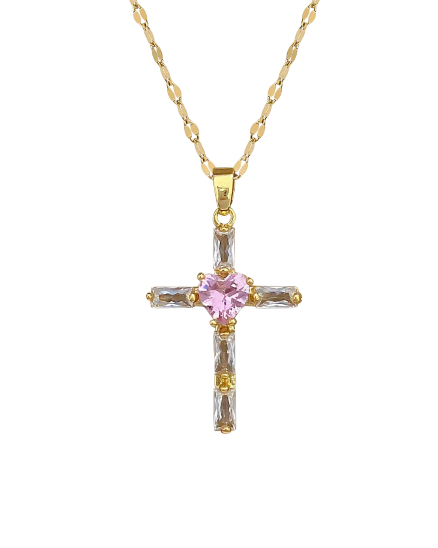 Gold & Pink Heart Cross Necklace